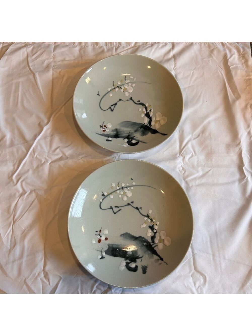 Vintage Handpainted Japanese Porcelain Serving Dishes Set of 2 Mountains/Flowers